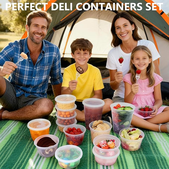 NESCCI 96 Pack (192-Piece) Deli Containers with Lids, 32/16/12/8 oz X 24 Set Each, Leak-Proof & BPA Free Airtight Takeout Plastic Food Storage Containers for Soup, Meal Prep,Microwave/Freezer Safe