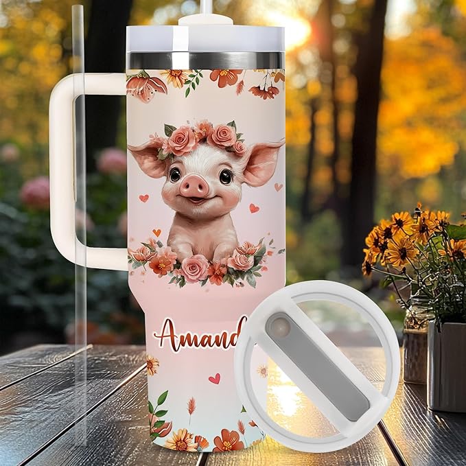 AGGLOMEKC Personalized Cute Pig Cup - Mother's Day Birthday Gift For Animal Lovers - Just A Girl Who Loves Pig Tumbler 40oz With Custom Name - Pet Lover Gifts For Women, Her
