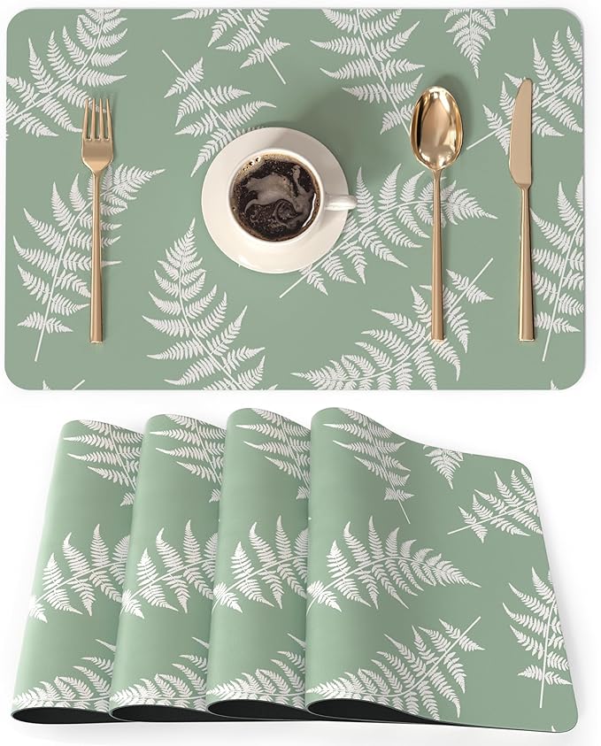 QIYI Placemats Set of 4, 12x18 Inch Faux Leather Place Mats for Kitchen Dinning, Heat Resistant Anti Slip Green White Table Mats, Waterproof Wipeable Washable Placemat Party Table D챕cor, Fern Leaves