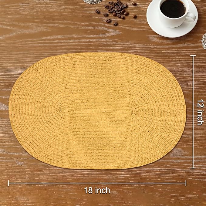 Noctiflorous Oval Braided Placemats Set of 4 Woven 12x18 Inch Non Slip Washable Heat Resistant Place Mats Round Tablemats for Dining Kitchen Party Daily Table Decor Dinner Mats (Solid Yellow, 4)