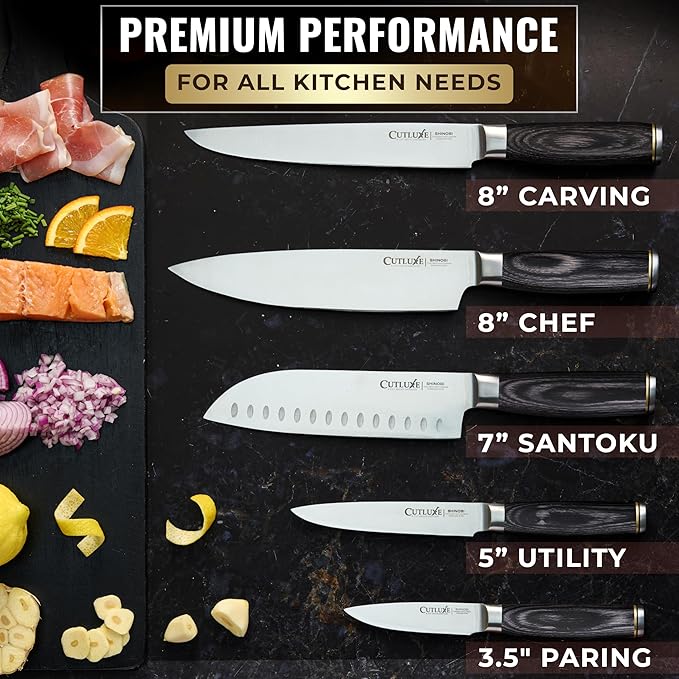 Cutluxe 5-Piece Chef Knife Set ??Ultra Sharp Japanese Kitchen Knives, High Carbon Stainless Steel Blades, Full Tang Pakkawood Handles ??Shinobi Series