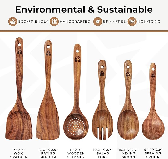 Wooden Spoons for Cooking ??Wooden Kitchen Utensils Set, 6 Pcs Teak Wood Utensil Set ??Comfortable Grip Non?밪tick Wooden Cooking Utensils - Kitchen Gifts for Women Men, Cooking Gifts for Men Women