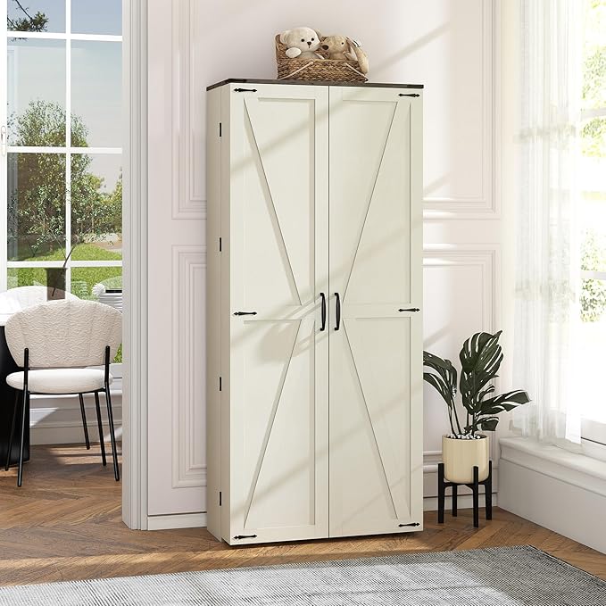 Tall Kitchen Pantry Cabinet: 67" Off White Farmhouse Pantry Cabinet for Kitchen Storage, Large Wood Food Storage Cabinet with Doors, Freestanding Food Cupboard