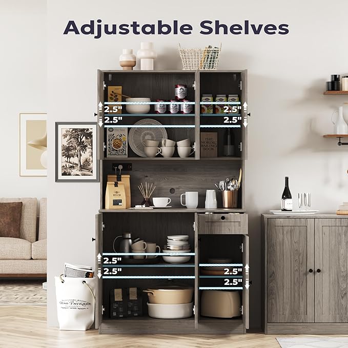 71" Pantry Cabinet with Charging Station, Tall Kitchen Pantry Storage Cabinet with Microwave Stand, Farmhouse Kitchen Hutch with Storage Drawer for Living Room, Dining Room, Ash Grey