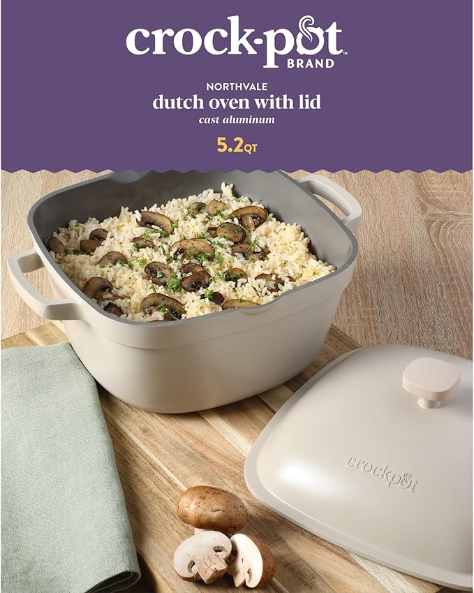 Crock-Pot Northvale Cast Aluminum Lightweight Durable 5.2 Quart Heavy Duty Dutch Oven Pot With Lid, Oven Safe, Dual Handles - Matte Linen White