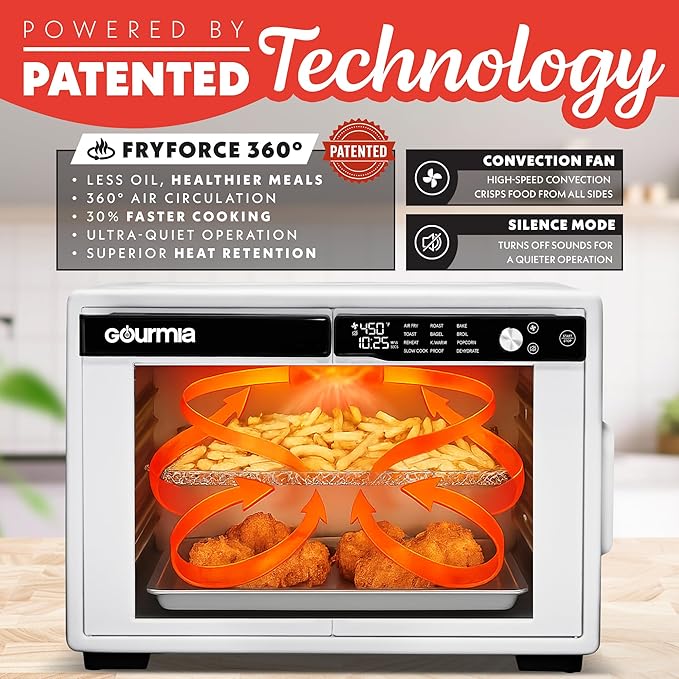 Gourmia French Door Air Fryer Oven - 37 Qt Large Capacity Convection Toaster Oven, FryForce 360°, Digital Display, 12 Cooking Presets, Dehydrate, Fits 13??Pizza, Dishwasher-Safe, White