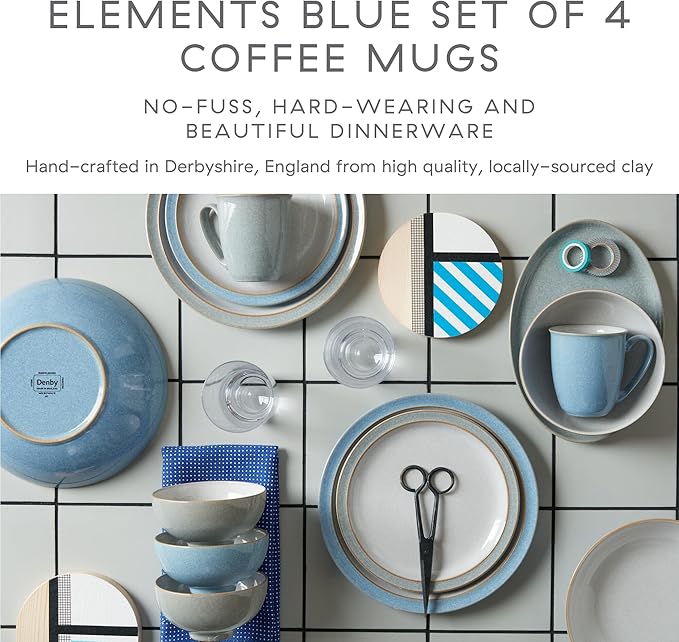 Denby - Elements Blue Large Coffee Mug Set of 4-11.15 Ounce Stoneware Tea Mug Set For Office & Home - Dishwasher Safe, Microwave Safe - Ceramic Tea Cups With Blue White Glaze