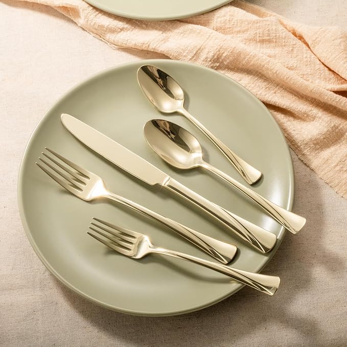 Alata Alice Champagne Gold Mirror 40-Piece Silverware Set Stainless Steel Flatware Set,Service for 8,Mirror Polished Cutlery Set,Dishwasher Safe