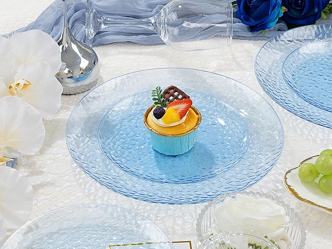 Rubtlamp 100 Pcs Blue Plastic Plates,Heavy Duty plastic Plates,Fancy Disposable Plates, Hammered Plastic plates Include 50 Pcs Dessert Platos, 50 Pcs Dinner Platos for Party