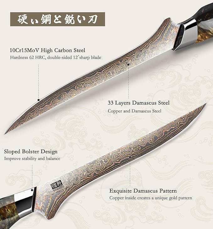 SHAN ZU Damascus Fillet Knife 7 Inch, Japanese Boning Knife Copper & Damascus Steel High Carbon 33 Layer Hand Forged, Ultra Sharp Carving Knives with Maple Wood Handle