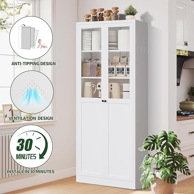 72" Tall Kitchen Pantry Cabinet,White Metal Pantry Cabinet with 2 Doors & 5 Adjustable Shelves,Utility Storage Cabinet Rust-Resistant for Living Room,Dining Room,Bathroom,Garage,Basement