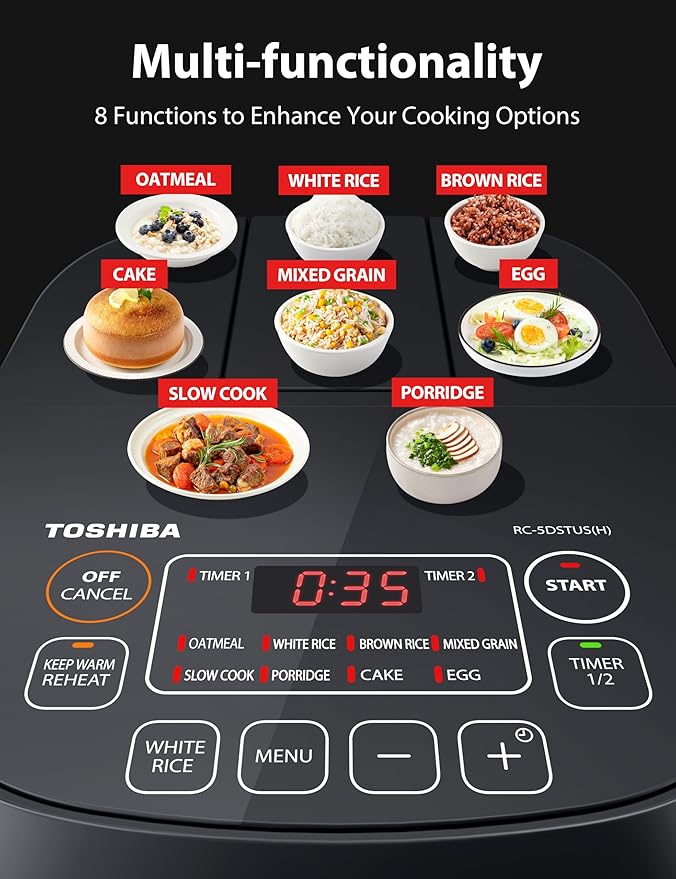 TOSHIBA Rice Cooker Small 3-Cup Uncooked??LCD Display with 8 Cooking Functions: Rice, Oatmeal, Mixed Grains and More, NonStick Inner Pot, Grey