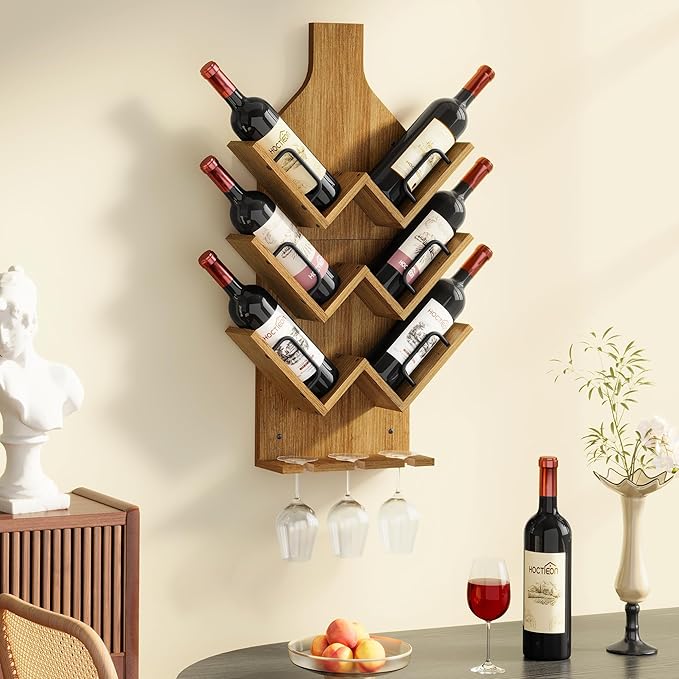 Hoctieon Wine Rack Wall Mounted, 6 Bottles Wood Wine Rack for Display and Storage, Hanging Bottle Holder Bar Shelves for Living Room, Kitchen, Dining Room, Wine Cellar, Warm Brown