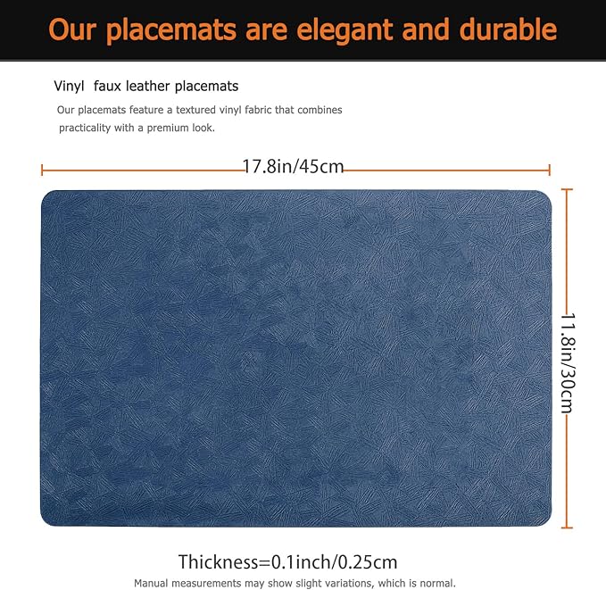 Uolr Vinyl Placemats Set of 4 Faux Leather 100% Waterproof Wipeable Washable Place Mats Heat Resistant Easy Clean Non-Slip Table Mats for Indoor Outdoor. (4,Blue)