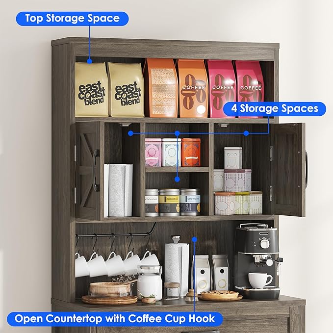 69" Tall Farmhouse Kitchen Pantry Cabinet, Kitchen Hutch Bar Cabinet with Drawers&Cup Holder, Large Wooden Storage Cabinets with Barn Doors&Microwave Stand, Cupboard for Dining Room(Ash Grey)