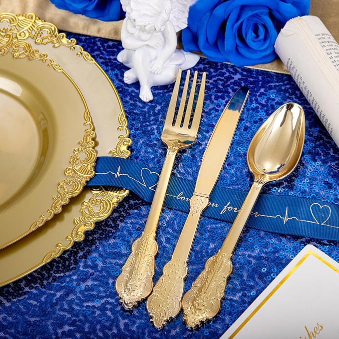 Morejoy 175PCS Solid Gold Plastic Plates with Gold Rim竊똤old disposable dinnerware sets Include 25 Dinner Plates,25 Dessert Plates,25 Cutlery Sets,25 Napkins Perfect for Party & Christmas