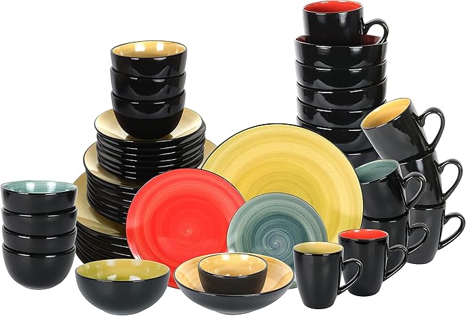 Stoneware Sonoma Dinnerware Set, Black + Speckled Spin Wash (56pc Set, Mix Blue, Green, Red, Yellow)