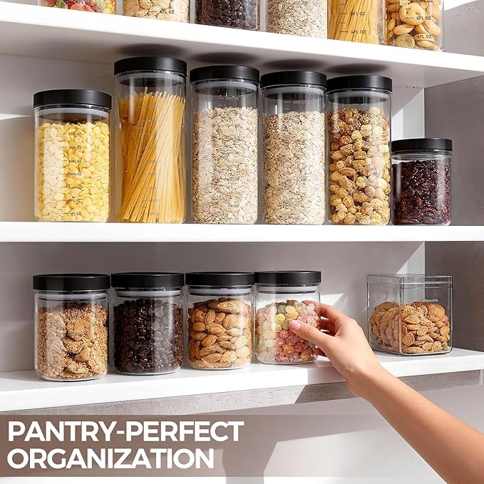 Danbark Set of 4 30oz Airtight Glass Storage Canisters with Lids - Pantry Organizers and Storage Glass for Kitchen - for Pantry, Flour, Sugar, Coffee, Tea, Pasta, Rice, and Snacks - Black