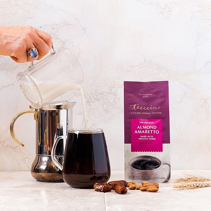 Teeccino Almond Amaretto Chicory Coffee Alternative - 11 Ounce - Ground Herbal Coffee That?™s Prebiotic, Caffeine Free & Acid Free, Medium Roast