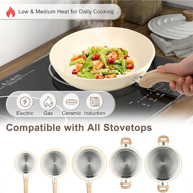 11 Pcs Pots and Pans Set, Nonstick Cookware Set with Lids and Wooden Handles, Silicone Spoons & Spatulas, Non-toxic Healthy Kitchen Cooking Set, PFAS & PFOA Free
