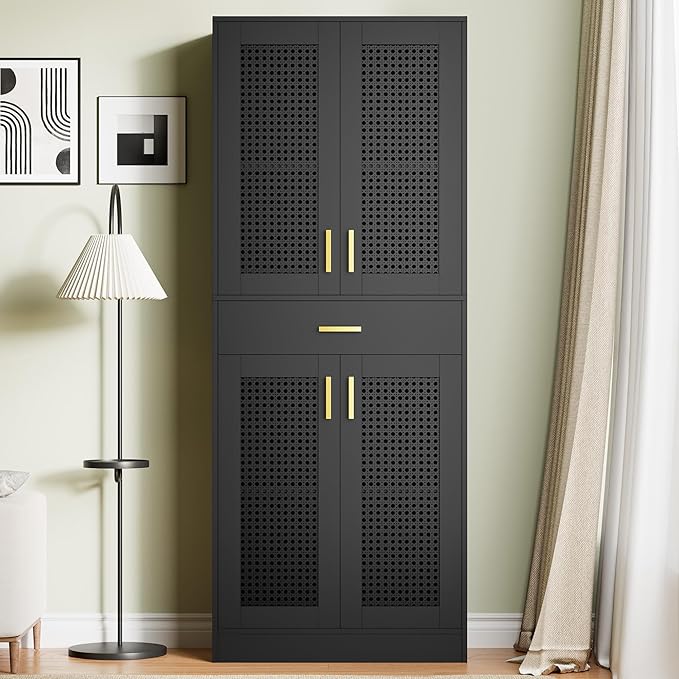 Cozy Castle Kitchen Pantry Cabinet, 71" Tall Rattan Doors Storage Cabinet with Large Drawer and Adjustable Shelves, Freestanding Rattan Pantry Cabinets for Kitchen, Dining Room, Living Room, Black