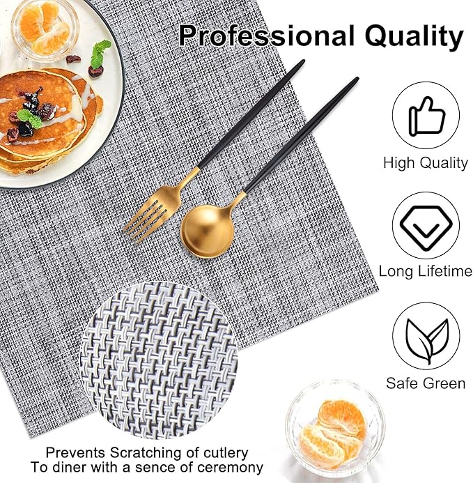 LANDVIEW Vinyl Placemats Set of 6, PVC Woven Washable Non-Slip Table Mats, Heat Resistant Wrinkle Free Place Mats for Dining Table, Easy to Clean (6, Light Grey)