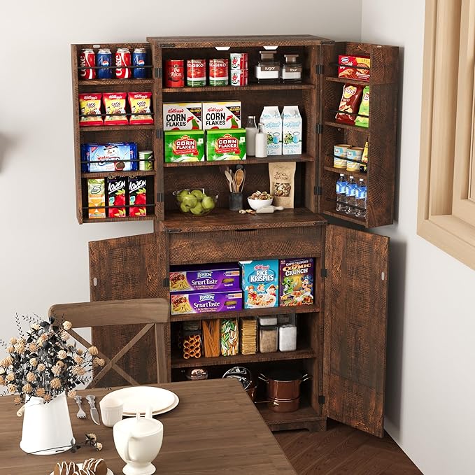 COSIEST 72'' Kitchen Pantry Cabinet, Tall Storage Cabinet with Organizer, Drawer and Adjustable Shelves, Freestanding Cupboard, Storage Cabinets for Kitchen, Dining Room, Bathroom, Rustic Brown