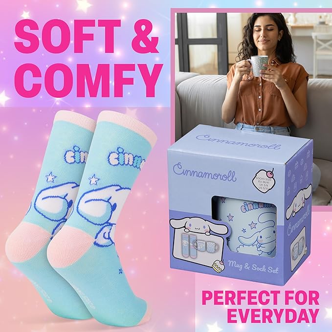 Get Trend Cinnamoroll Sanrio Coffee Mug, Socks Set, 11.5 oz Ceramic Cup Crew Socks, Kawaii Drinkware Christmas, Secret Santa Gifts for Women (Blue Cinnamoroll)
