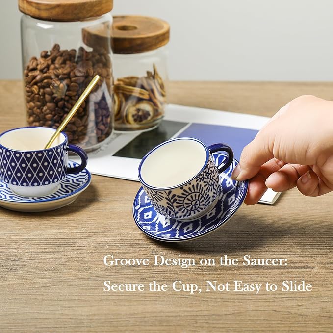 Selamica Ceramic Espresso Cups with Saucers and Metal Stand, 2.5 OZ Stackable Demitasse Cups for Espresso Latte Caf챕 Mocha Tea, Set of 4, Vintage Blue