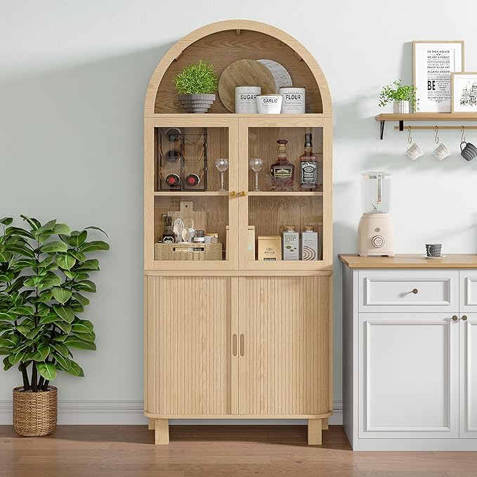69" Tall Kitchen Pantry Storage Cabinet with Sliding Door, Modern Curved Edge Pantry Storage Cabinet with Glass Door & Adjustable Shelves, Oak Cupboard for Kitchen, Dining Room, Living Room, Office