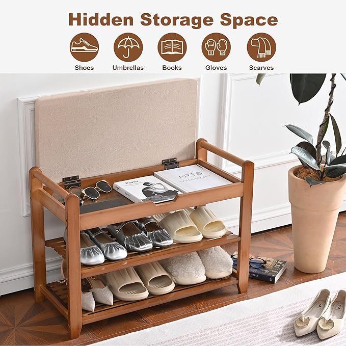 Homman Shoe Storage Bench with Coat Rack, 27.6in Hall Tree Shoe Rack, 3-Tier Bamboo Entryway Bench Holds Up to 330lb for Bedroom Hallyway