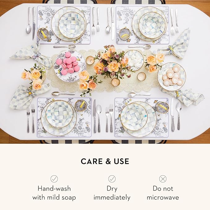 MACKENZIE-CHILDS Enamel Dinner Plate, Decorative Dinnerware Plate, 10 Inches, Set of 4, Gray-and-White Sterling Check