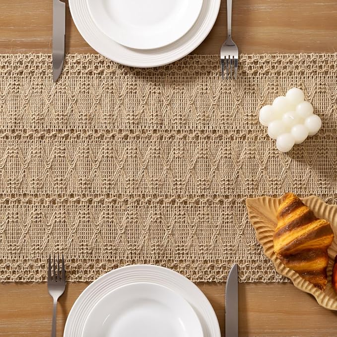 Socomi Boho Table Runner Valentine's Day Farmhouse Burlap Jute Bamboo Rustic Dining Kitchen Centerpiece Decor Small Macrame Woven Coffee Table Runner for Dresser Scarf Home Decor 12x60 inch