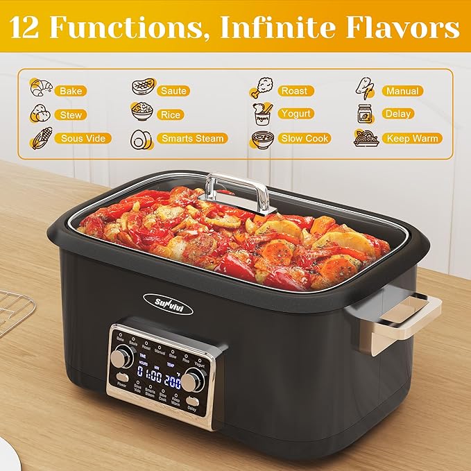 Sunvivi 8 Quart Slow Cooker Roaster Oven, 12 in 1 Programmable Multi-Cooker Food Warmer with Digital Timer, Temp Control, Removable Cast Aluminum Pot & Dishwasher-Safe Tempered Glass Lid, Black