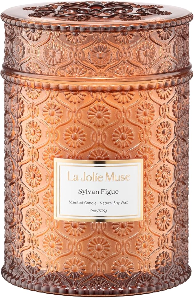 LA JOLIE MUSE Sylvan Figue Candle | Fig Leaf, Red Berries, Sandalwood | 19 oz Large Wooden Wick Candle | Natural Soy Wax | 90 Hours Clean Burn | Gift-Ready for Hosts | Elegant Home D챕cor