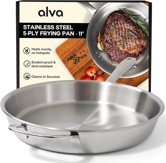 Alva Maestro 5-Ply Stainless Steel Frying Pan 11????Non-Toxic, Made without PFAS/PFOA/PTFE ??Pro-Level Heat Control for No Hotspots, Induction & Oven Safe, Works on All Stovetops, Perfect Searing
