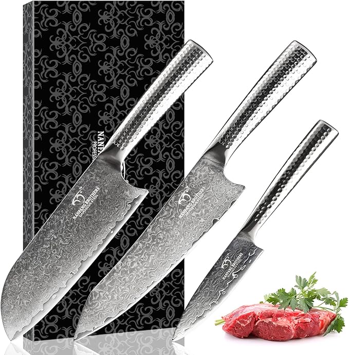 3 Pieces Damascus Kitchen Knife Set with 8??Chef Knife, 7??Santoku Knife, 3.5??Paring Knife, 67 Layer Handmade Damascus VG10 Steel Core, Hammered Ergonomic Handle (Gift Box)