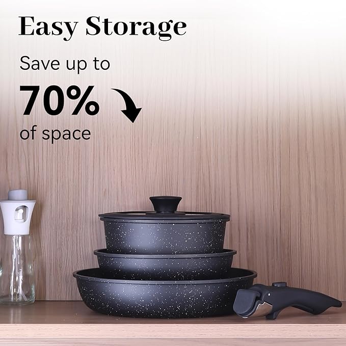 5PCS Pots and Pans Set Non Stick, Kitchen Cookware Sets with Detachable Handle, Ceramic Cookware Sets, Non Stick RV Cookware Cooking Set, Dishwasher 竊?Oven Safe, PFOA Free, Black