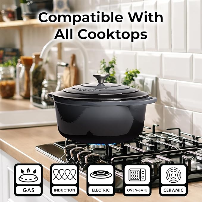 Zulay Kitchen 7.7 Quart Enameled Cast Iron Dutch Oven Pot with Lid ??Premium Durability & Oven Safe up to 500째F ??Heavy Duty Cookware Perfect for Bread Baking, Stews, Braising & Roasting ??Gray