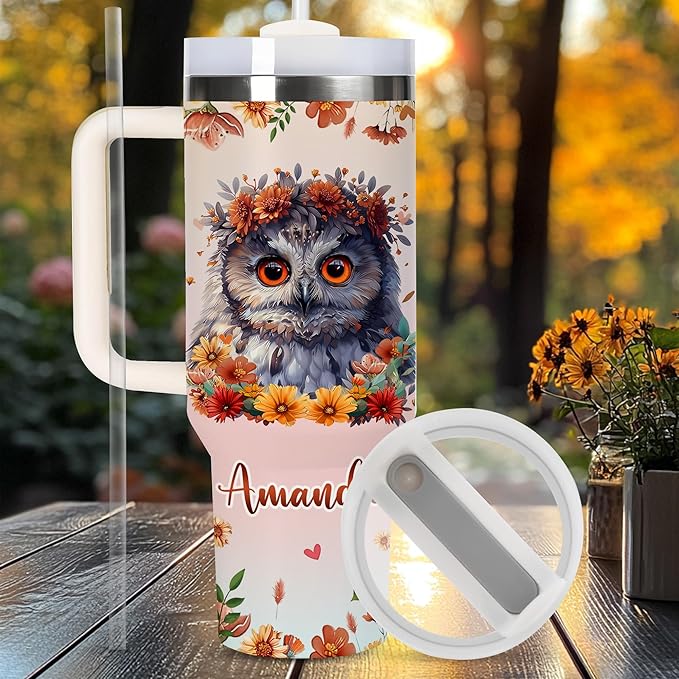 AGGLOMEKC Personalized Cute Owl Cup - Mother's Day Birthday Gift For Animal Lovers - Just A Girl Who Loves Owl Tumbler 40oz With Custom Name - Pet Lover Gifts For Women, Her