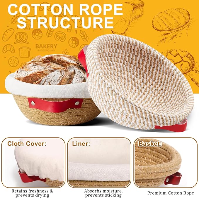 9 Inch Round Cotton Rope Banneton Bread Proofing Basket Banneton Basket Set of 4 Sourdough Bread Baking Supplies with Liner & Cover
