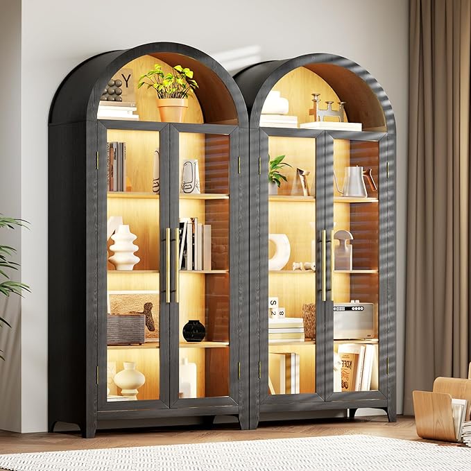 Arch Storage Cabinet with Tempered Glass Door, 71??Arched Display Floor Cabinet, 5 Tier Farmhouse Buffet with Storage for Dining Room, Living Room, Home Office or Kitchen(Black&Oak)