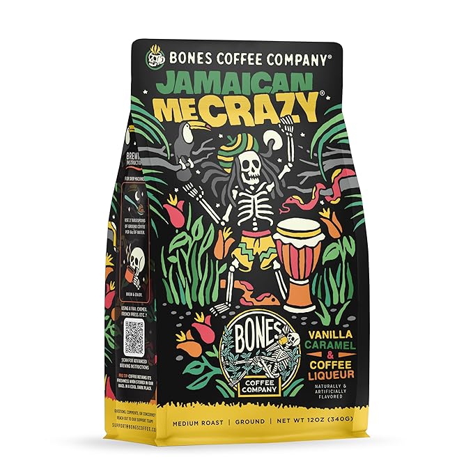 Bones Coffee Company Jamaican Me Crazy, Vanilla Caramel Flavored Coffee, Medium Roast Low Acid Arabica Beans Compatible with Auto drip and French Press Coffee Maker, 12 Oz Ground