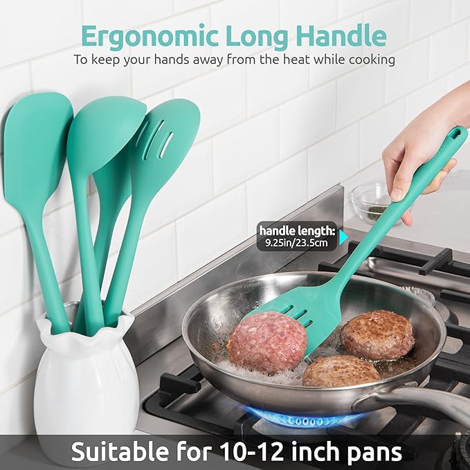 600쨘F Heat Resistant Kitchen Utensil: U-Taste 13.6" Extra Long Silicone Cooking Tools Set, Food-Grade Non-Stick Solid and Slotted Turner Spatula, Mixing Spoon, and Soup Ladle (5 Pieces, Aqua Sky)