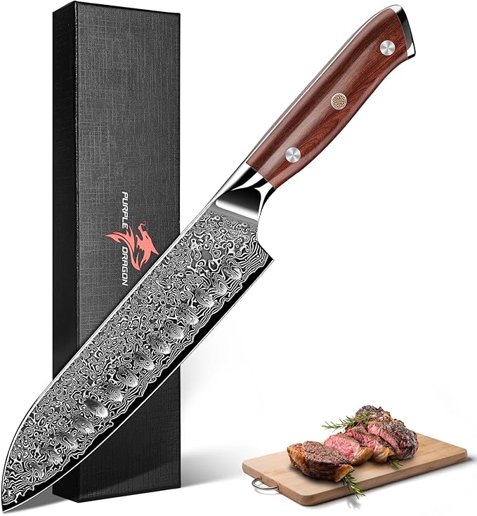Purple Dragon Santoku Knife 7 Inch, VG10 Steel Damascus Japanese Chef Knife for Kitchen Cooking Meat Cleaver, Cutting Vegetables and Fruit - Christmas Gift for Men and Women