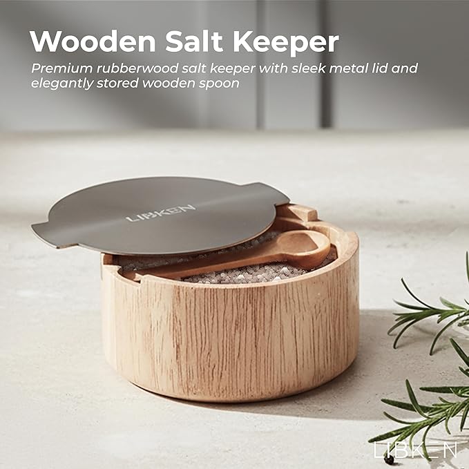 Wooden Salt Box with Stainless Steel Lid & Spoon ??Rubberwood Keeper to avoid Dust, Minimal Scandinavian Bowl for Pepper, Spices, Herbs and Salt Storage Container - Wooden