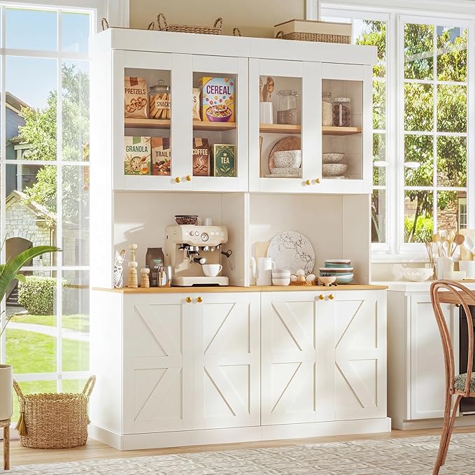 71" Tall Farmhouse Kitchen Pantry, Set of 2, Large Storage Cabinet with Glass Doors, Freestanding Coffee Bar Hutch with Microwave Stand, Adjustable Shelves for Kitchen, Living Room, White