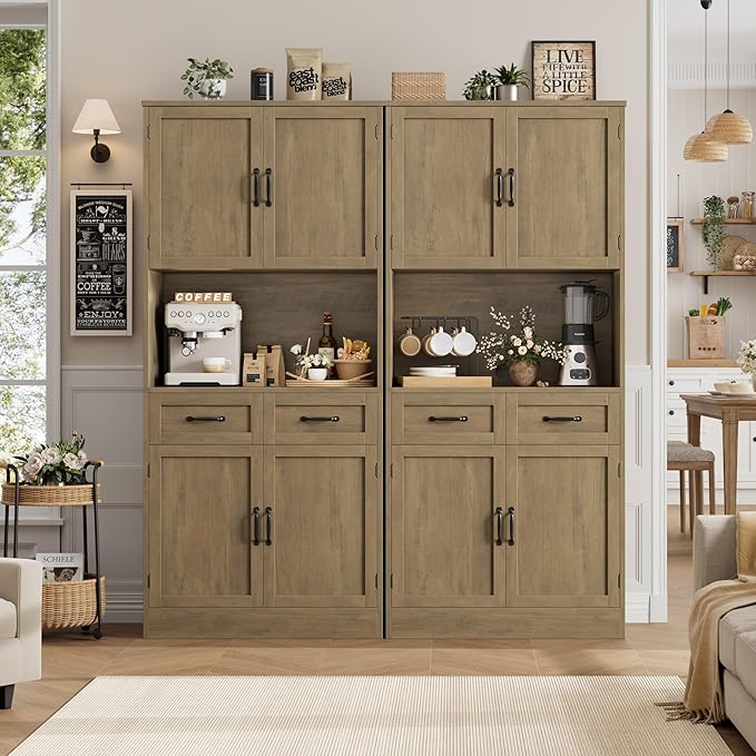 HOSTACK 71??Tall Kitchen Pantry Storage Cabinet, Modern Kitchen Hutch Bar Cabinet with Microwave Stand, Wood Buffet Sideboard with Hutch, Cupboard with Drawers, Shelves for Dining Room, Rustic Brown