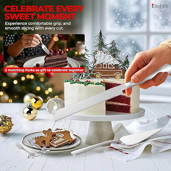 Elegant Silver Cake Knife and Server Set, Extra Thick Stainless Steel Cake Cutter and Cake Server with Bonus Forks & White Bows, Cake Cutting Set for Wedding, Birthday and Christmas Celebrations