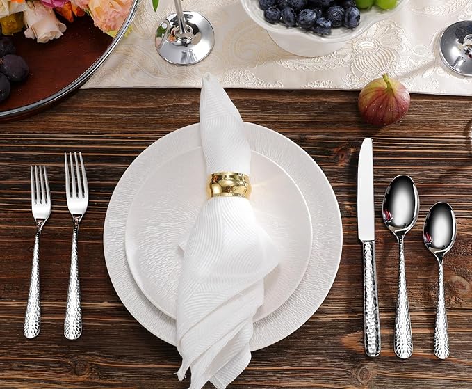 KEAWELL Premium 20/45/65 Piece Louise Hammered Silverware Set with Round Edge, 18/10 Stainless Steel, Service for 4/8/12, Fine Flatware Set, Dishwasher Safe (20)